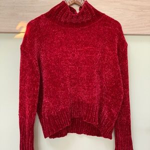 Chenille Woven Turtleneck Sweater in Red Raspberry